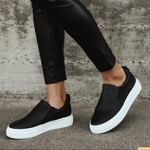 Black Crocodile-Embossed Platform Slip-On Sneakers